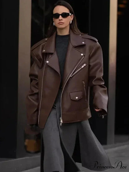 Fastener Lapel Leather Coat coats-241228