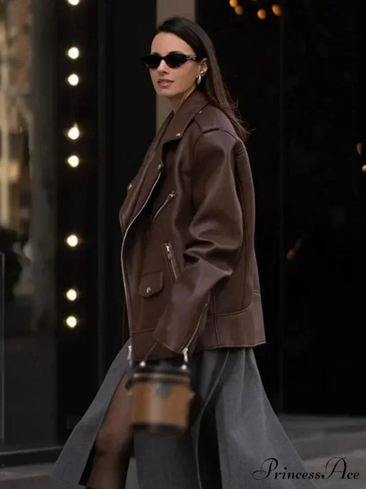 Fastener Lapel Leather Coat coats-241228