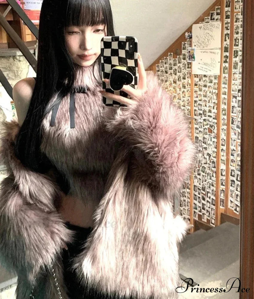 Faux Fur High Collar Sleeveless Trendy Camisole Tank Top with Bow