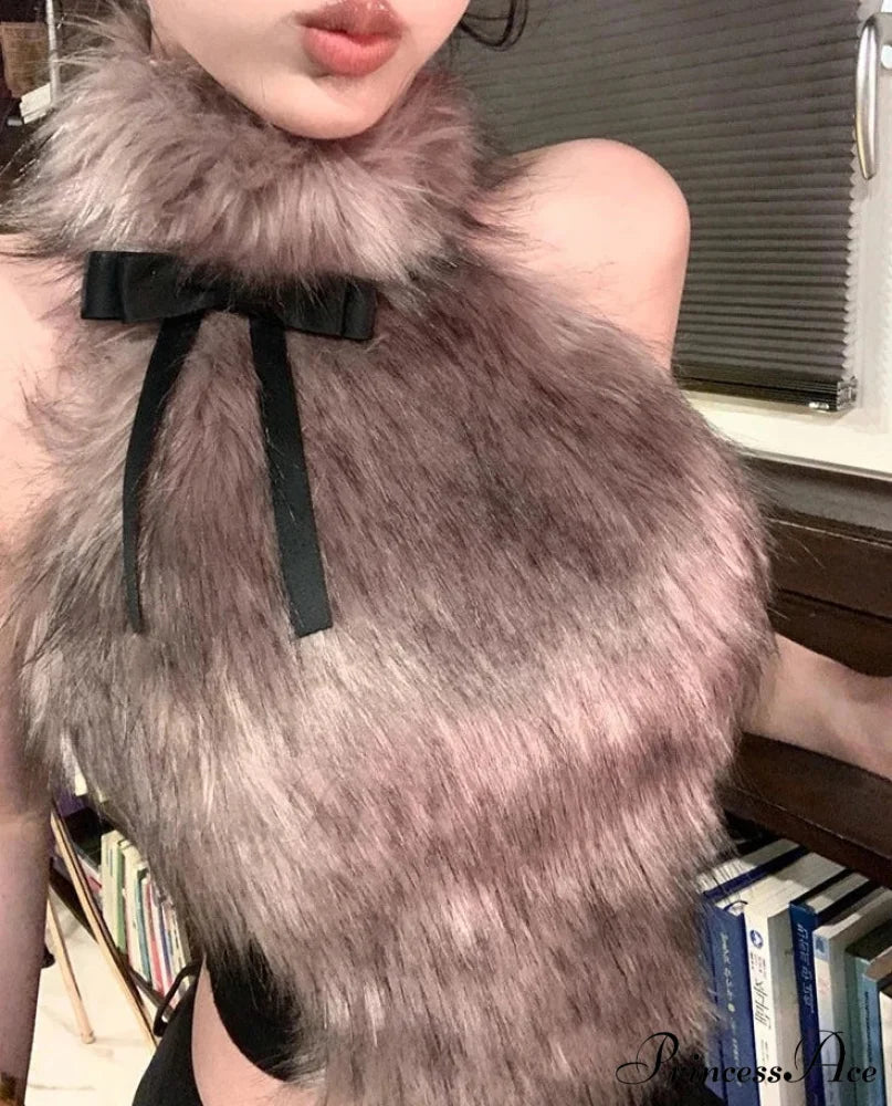 Faux Fur High Collar Sleeveless Trendy Camisole Tank Top with Bow Pic / S