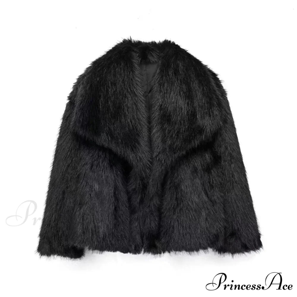 Faux Fur Lapel Autumn Winter Coat Black / XS