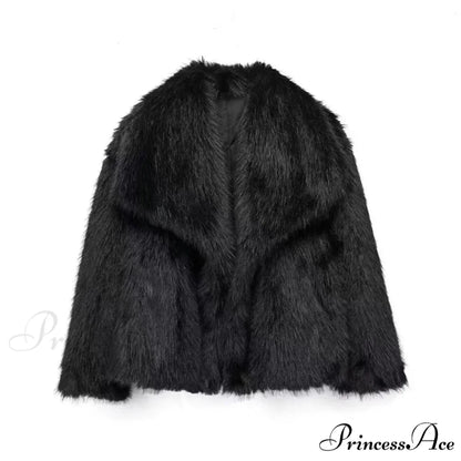 Faux Fur Lapel Autumn Winter Coat Black / XS