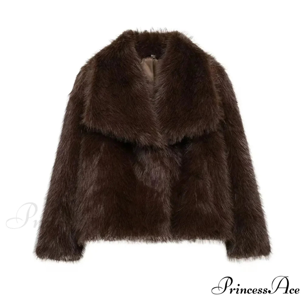 Faux Fur Lapel Autumn Winter Coat coffee / XS