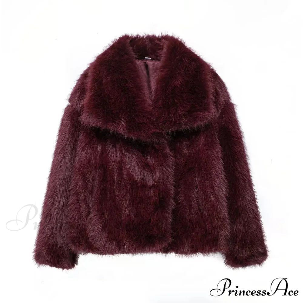 Faux Fur Lapel Autumn Winter Coat Red / XS