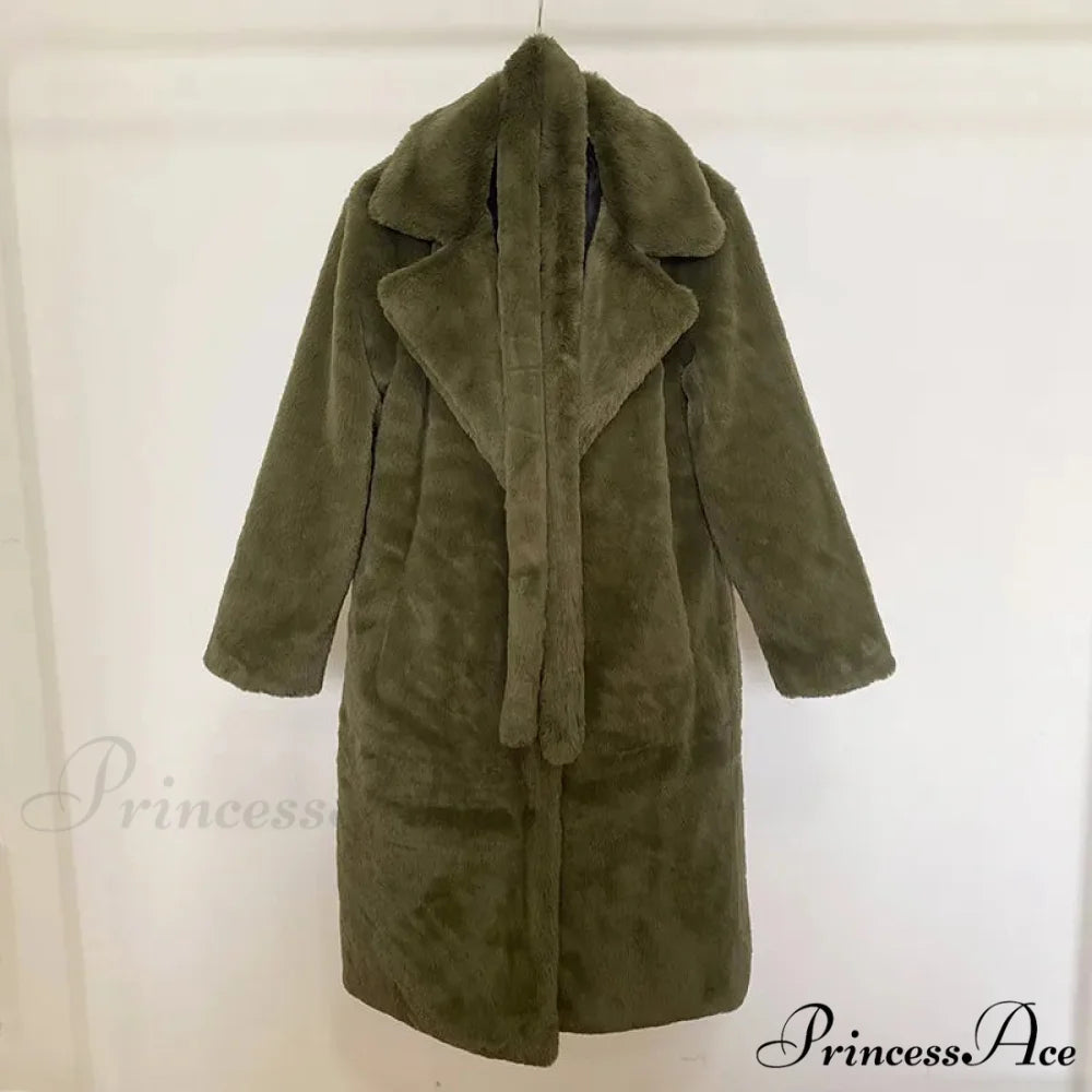 Faux Fur Stylish Long Belted Coat army green fur coat / S