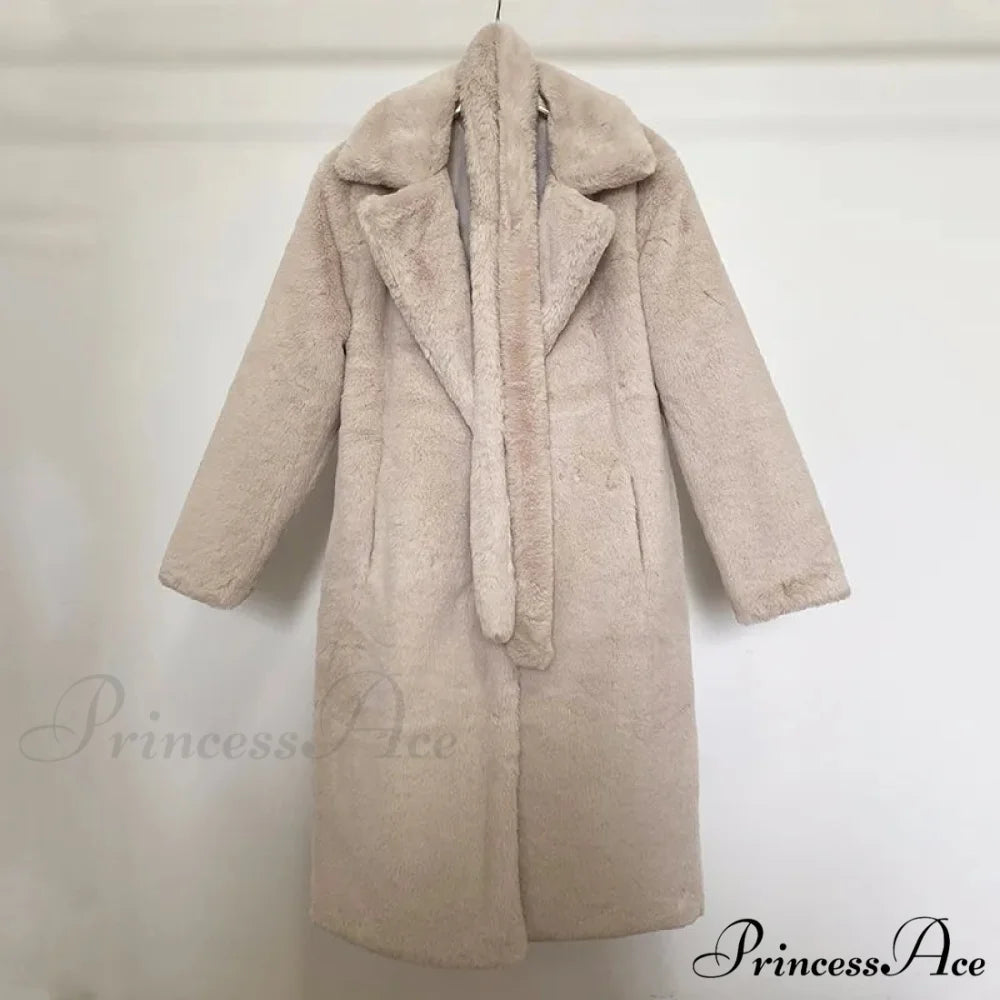 Faux Fur Stylish Long Belted Coat beige fur coat / S