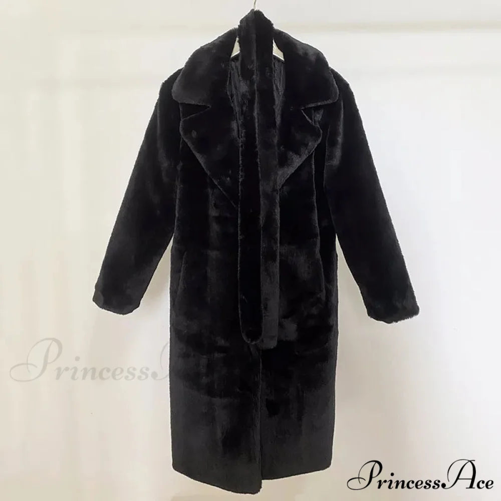 Faux Fur Stylish Long Belted Coat black fur coat / S