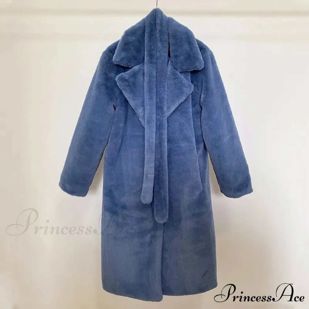Faux Fur Stylish Long Belted Coat blue fur coat / S