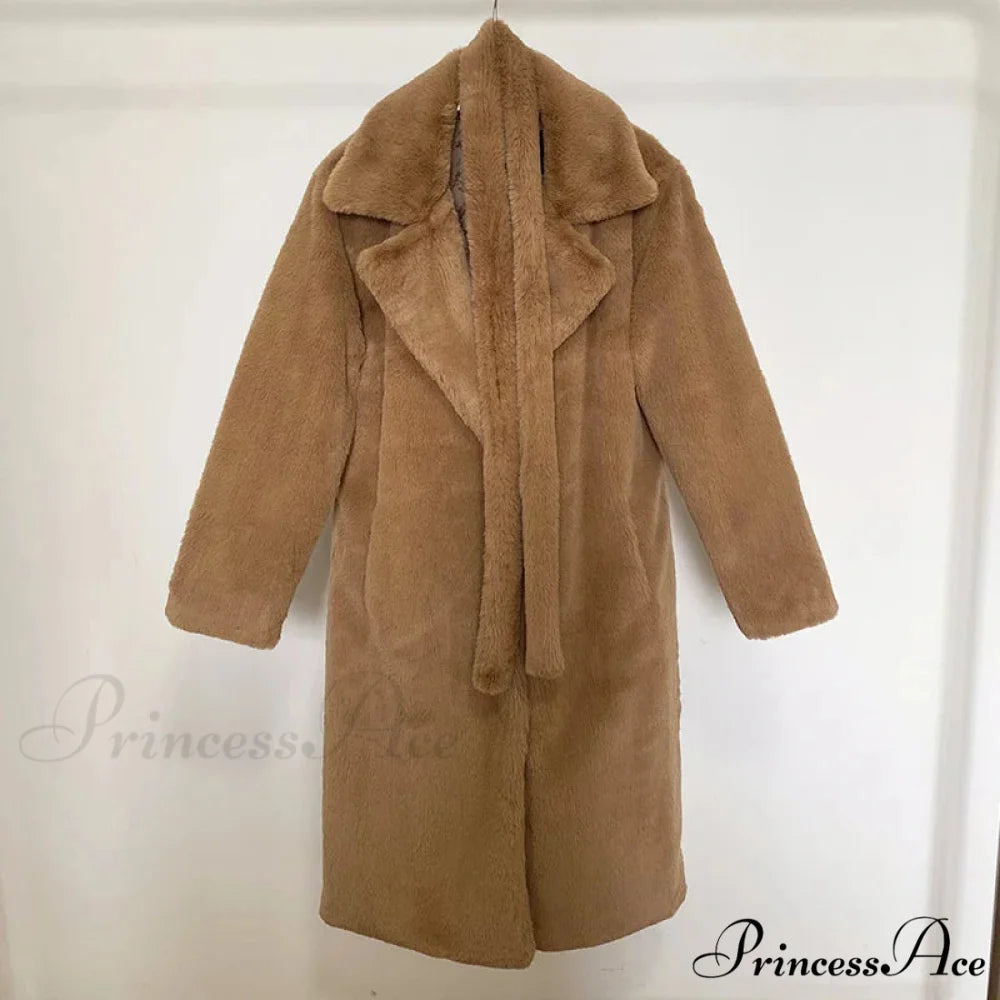 Faux Fur Stylish Long Belted Coat camel fur coat / S