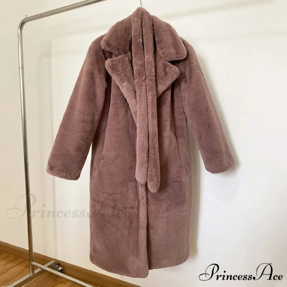 Faux Fur Stylish Long Belted Coat dark pink fur coat / S