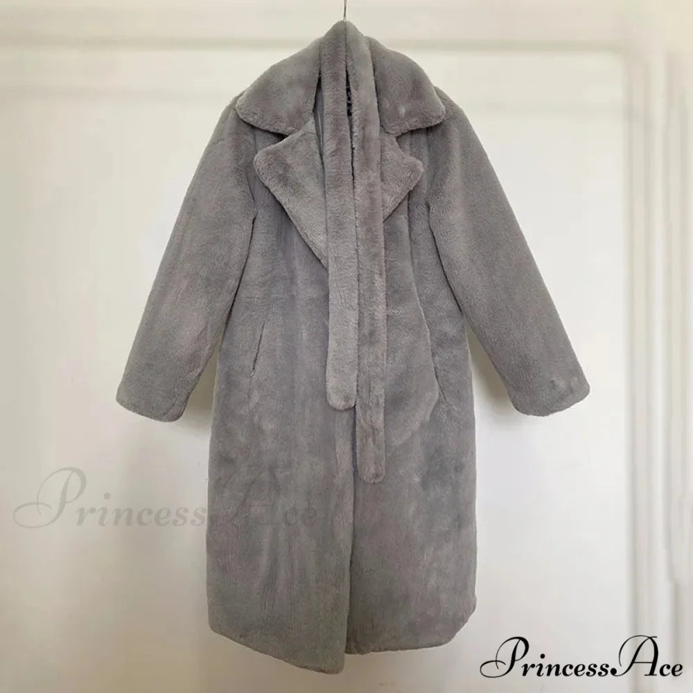 Faux Fur Stylish Long Belted Coat gray fur coat / S