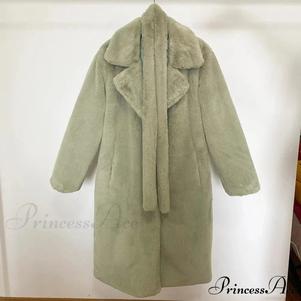 Faux Fur Stylish Long Belted Coat light green fur coat / S