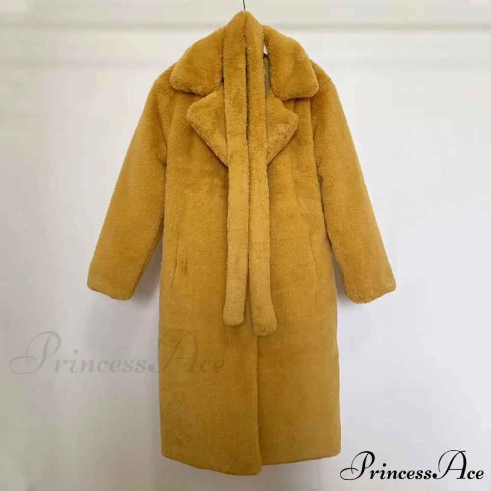 Faux Fur Stylish Long Belted Coat mustard fur coat / S