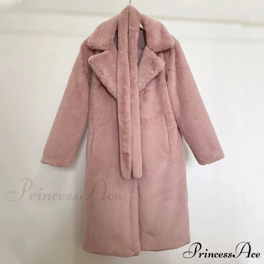Faux Fur Stylish Long Belted Coat pink fur coat / S