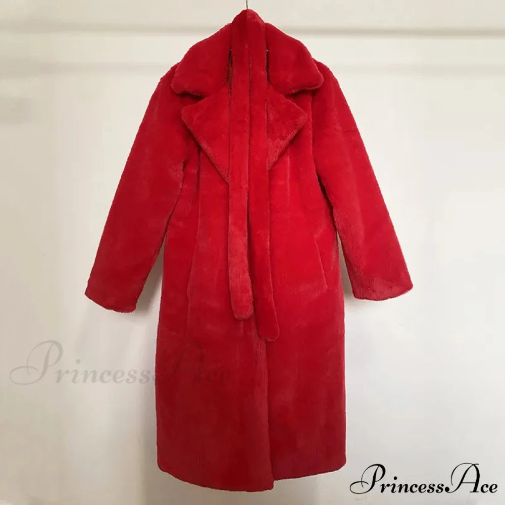 Faux Fur Stylish Long Belted Coat red fur coat / S