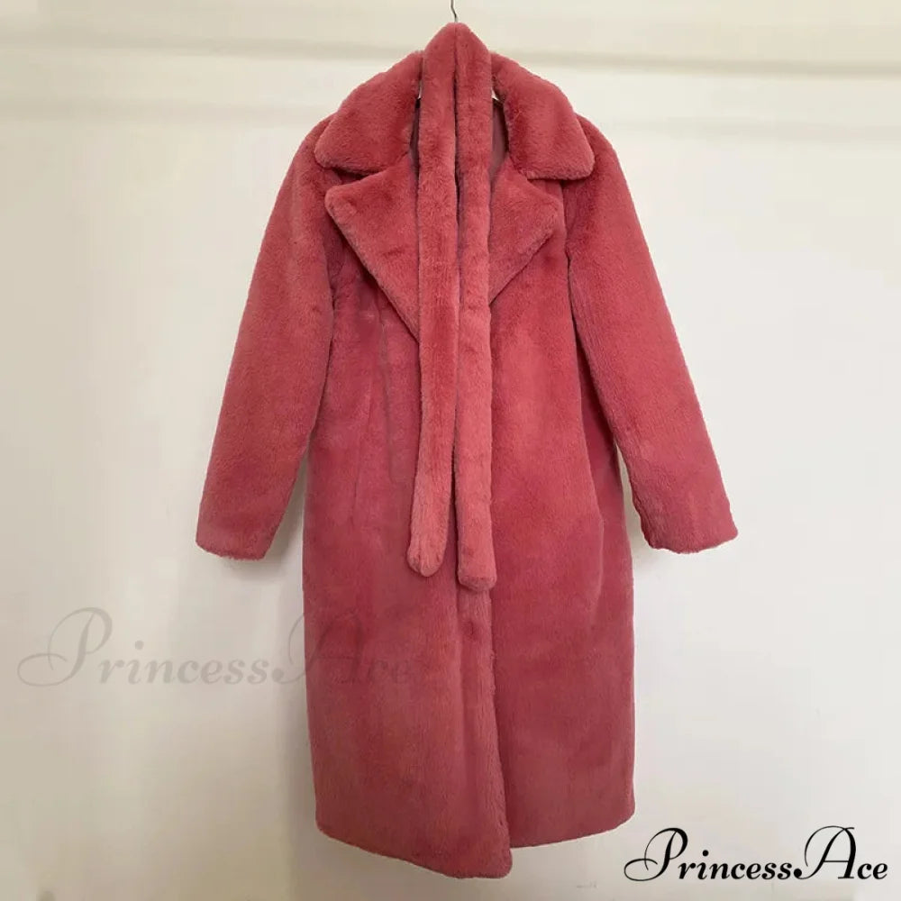 Faux Fur Stylish Long Belted Coat watermelon red coat / S