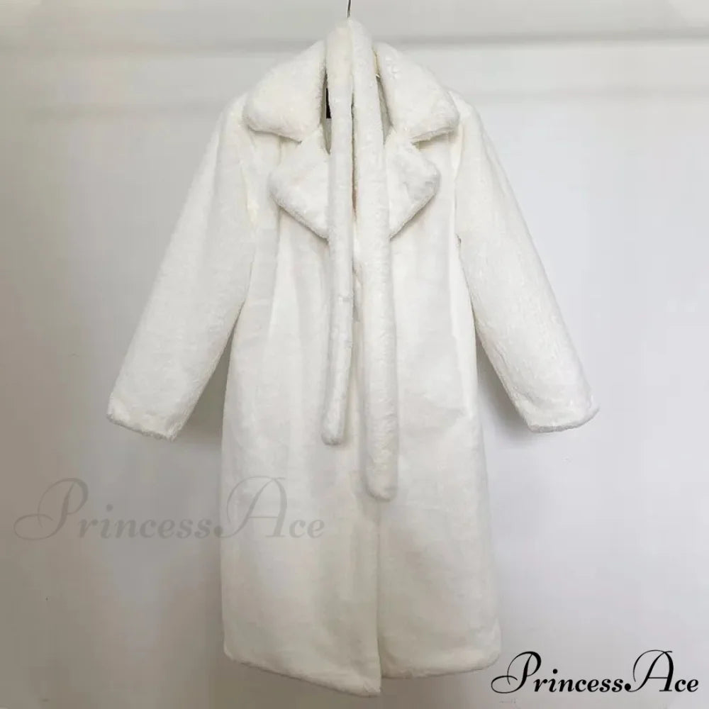 Faux Fur Stylish Long Belted Coat white fur coat / S