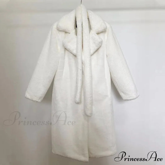 Faux Fur Stylish Long Belted Coat white fur coat / S