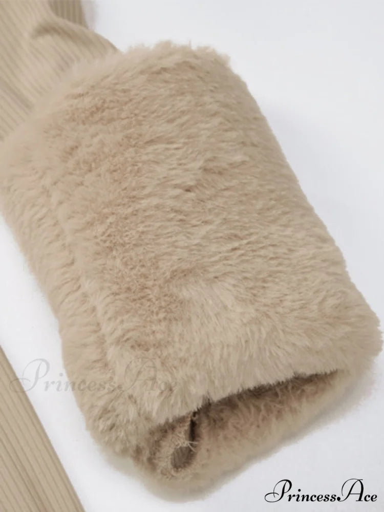 Faux Fur Trim Rib Modern Knit Long Sleeve Mini Dress