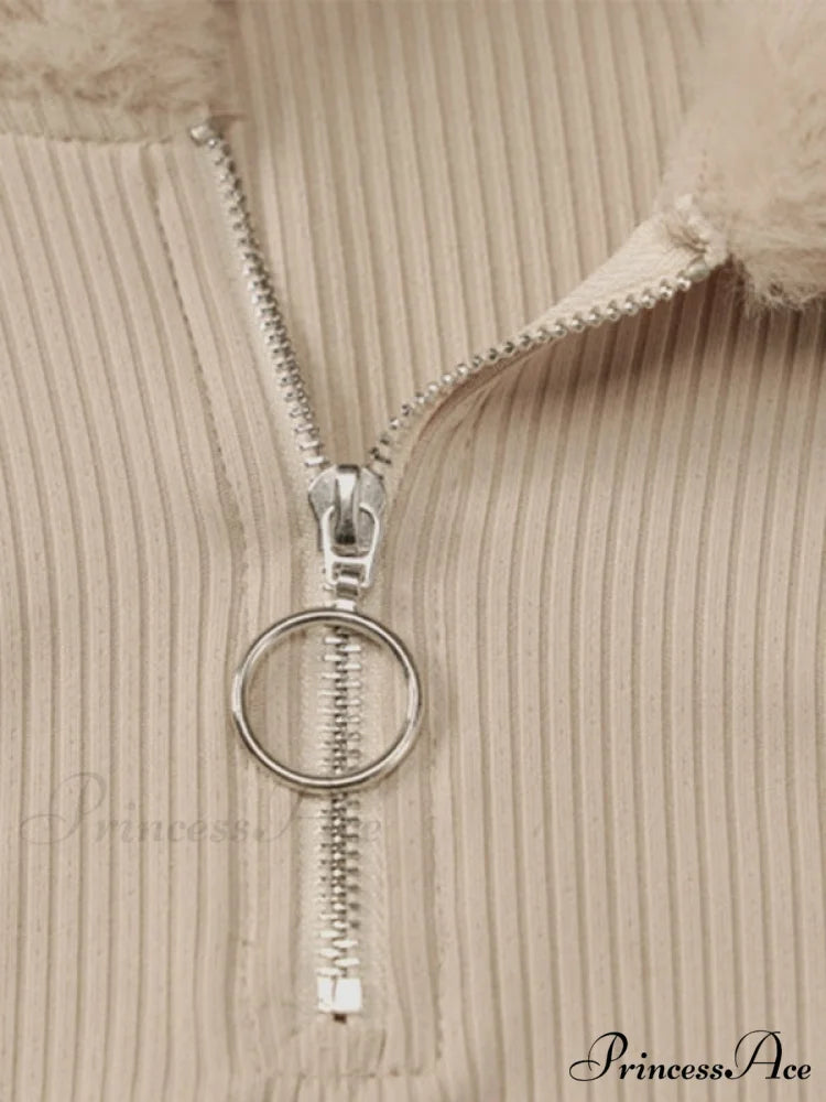 Faux Fur Trim Rib Modern Knit Long Sleeve Mini Dress