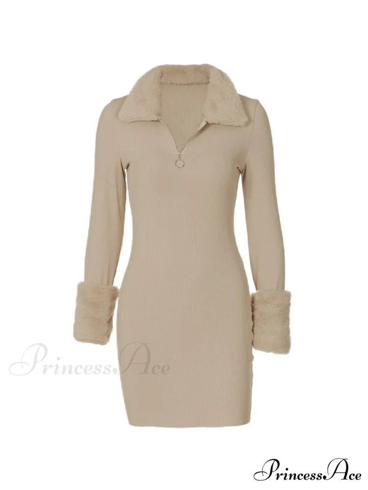 Faux Fur Trim Rib Modern Knit Long Sleeve Mini Dress