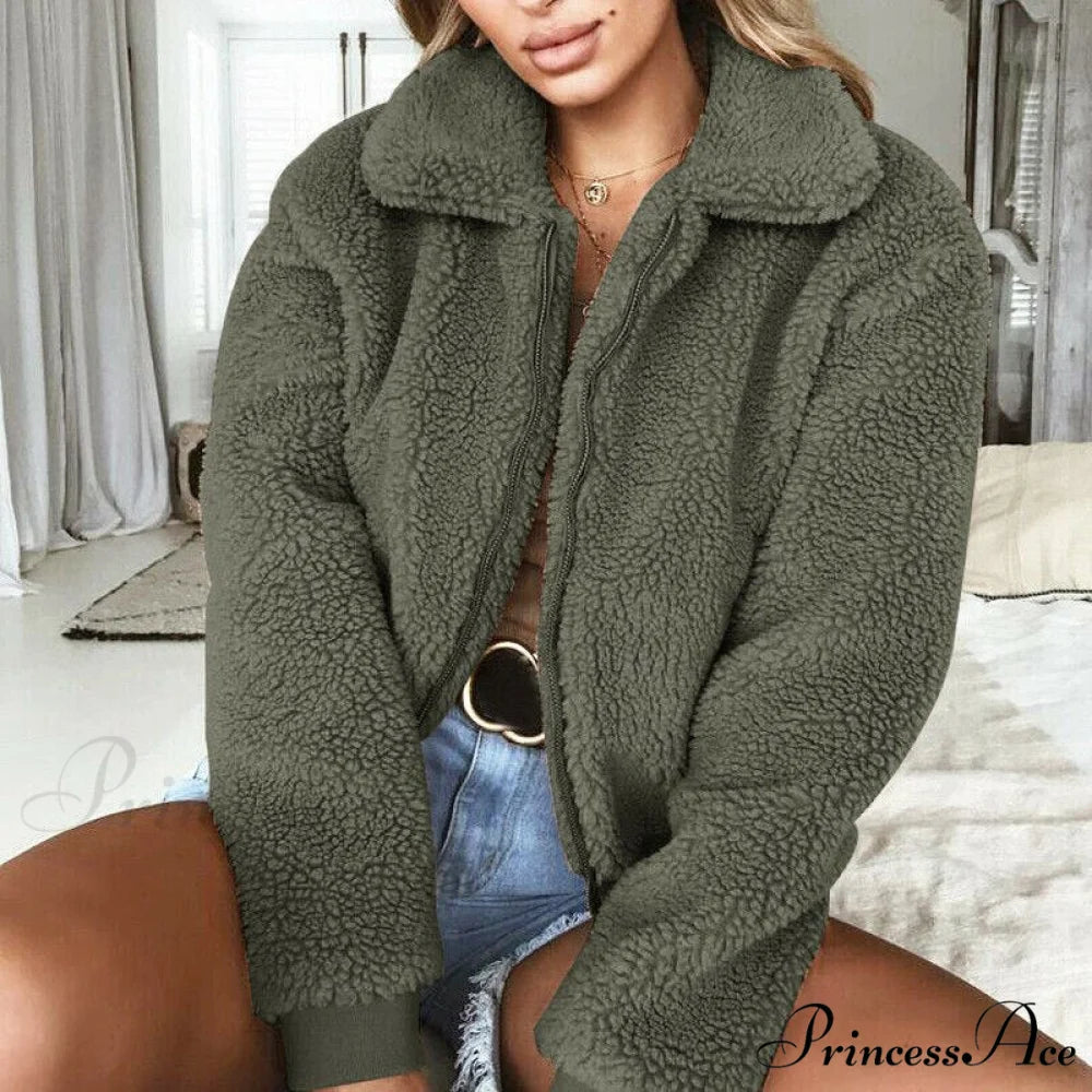 Faux FurWarm Soft Plush Zipper Coat Army Green / S