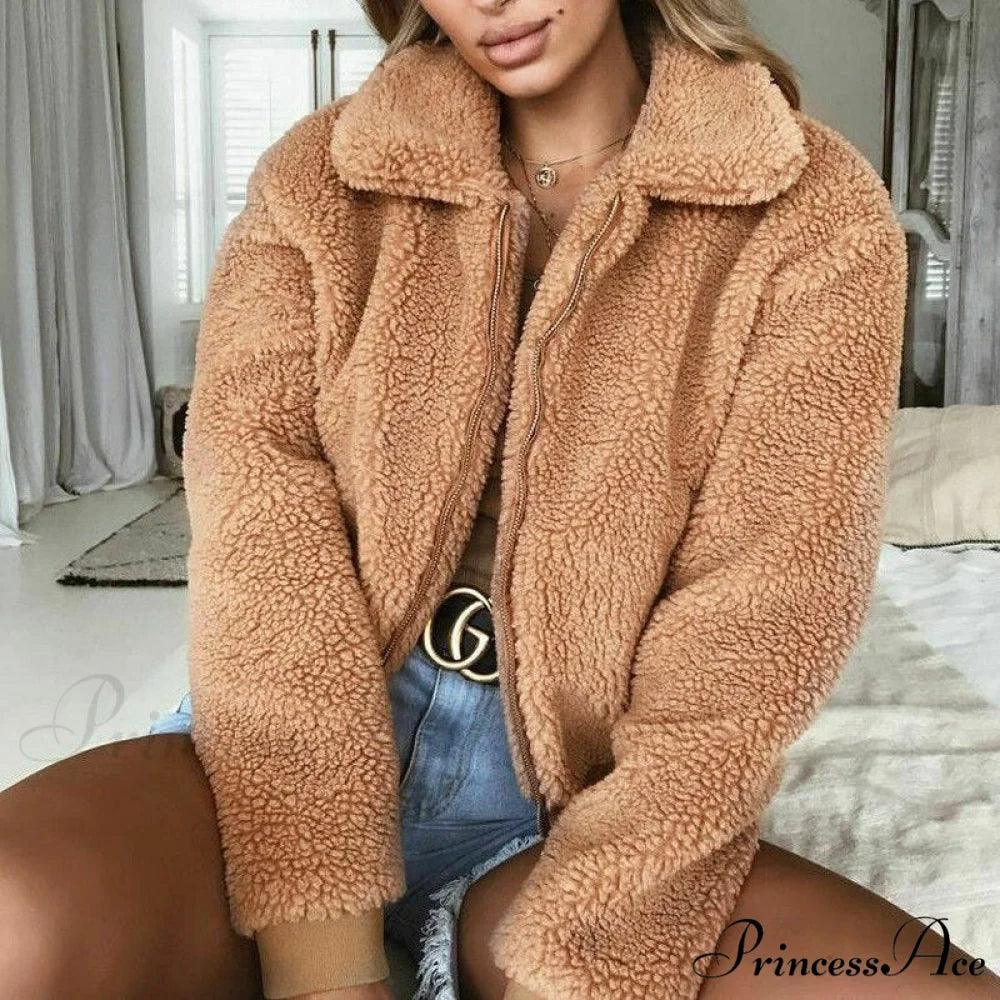 Faux FurWarm Soft Plush Zipper Coat Camel / S