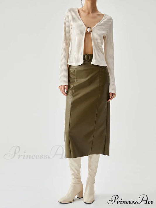 Faux Leather Belted Trendy Split Midi Skirt