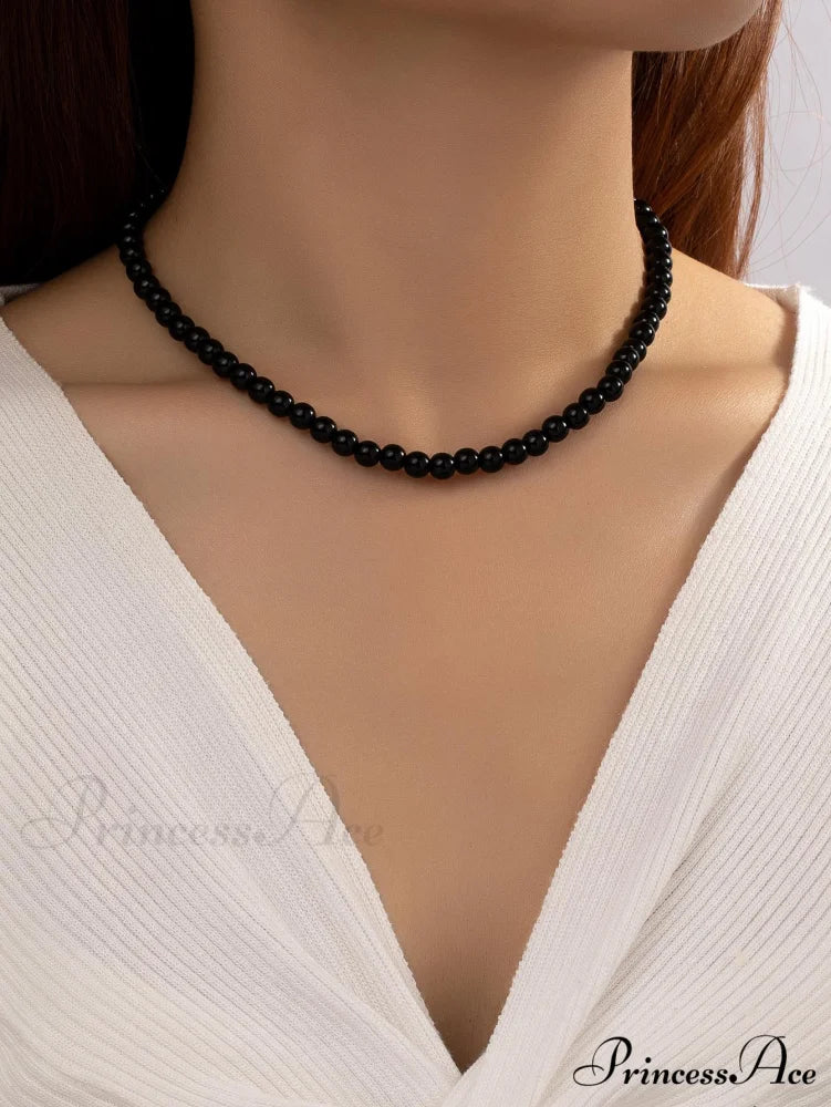 Faux Pearl Beaded Necklace Black / one-size