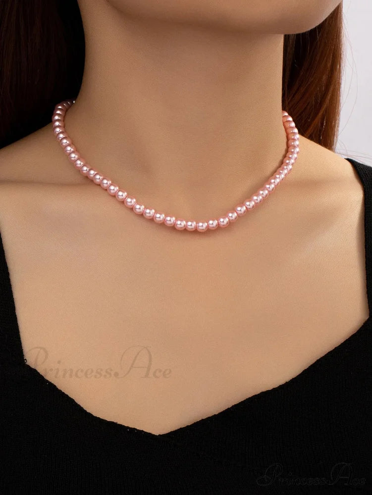 Faux Pearl Beaded Necklace Pink / one-size