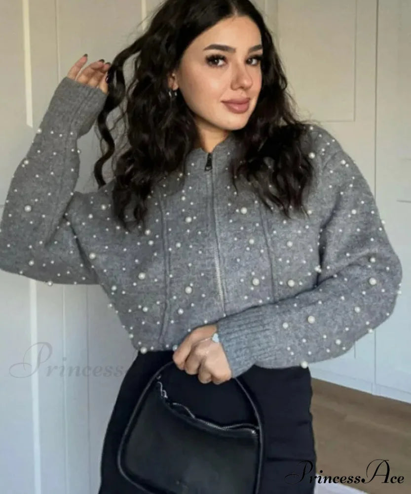 Faux Pearl Knit Bomber Cardigan gray / S