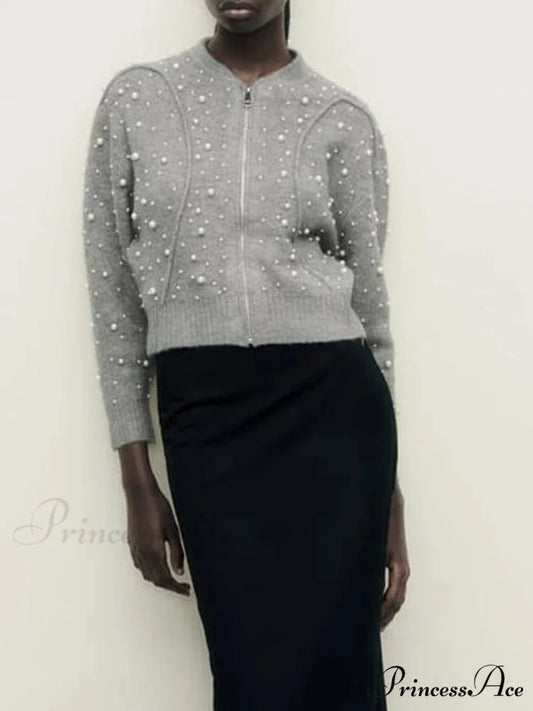 Faux Pearl Zip Knit Cardigan gray / S