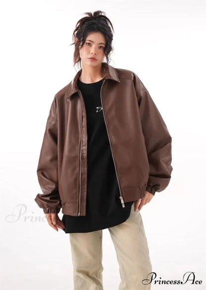 Faux PU Leather Vintage Long Sleeve Lapel Zipper Autumn Fashion Jacket