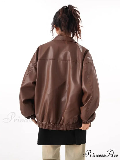 Faux PU Leather Vintage Long Sleeve Lapel Zipper Autumn Fashion Jacket
