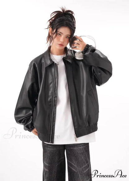 Faux PU Leather Vintage Long Sleeve Lapel Zipper Autumn Fashion Jacket Black / M