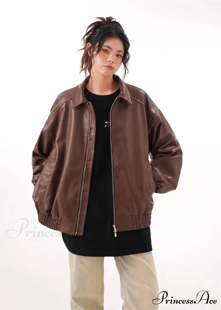 Faux PU Leather Vintage Long Sleeve Lapel Zipper Autumn Fashion Jacket Brown / M