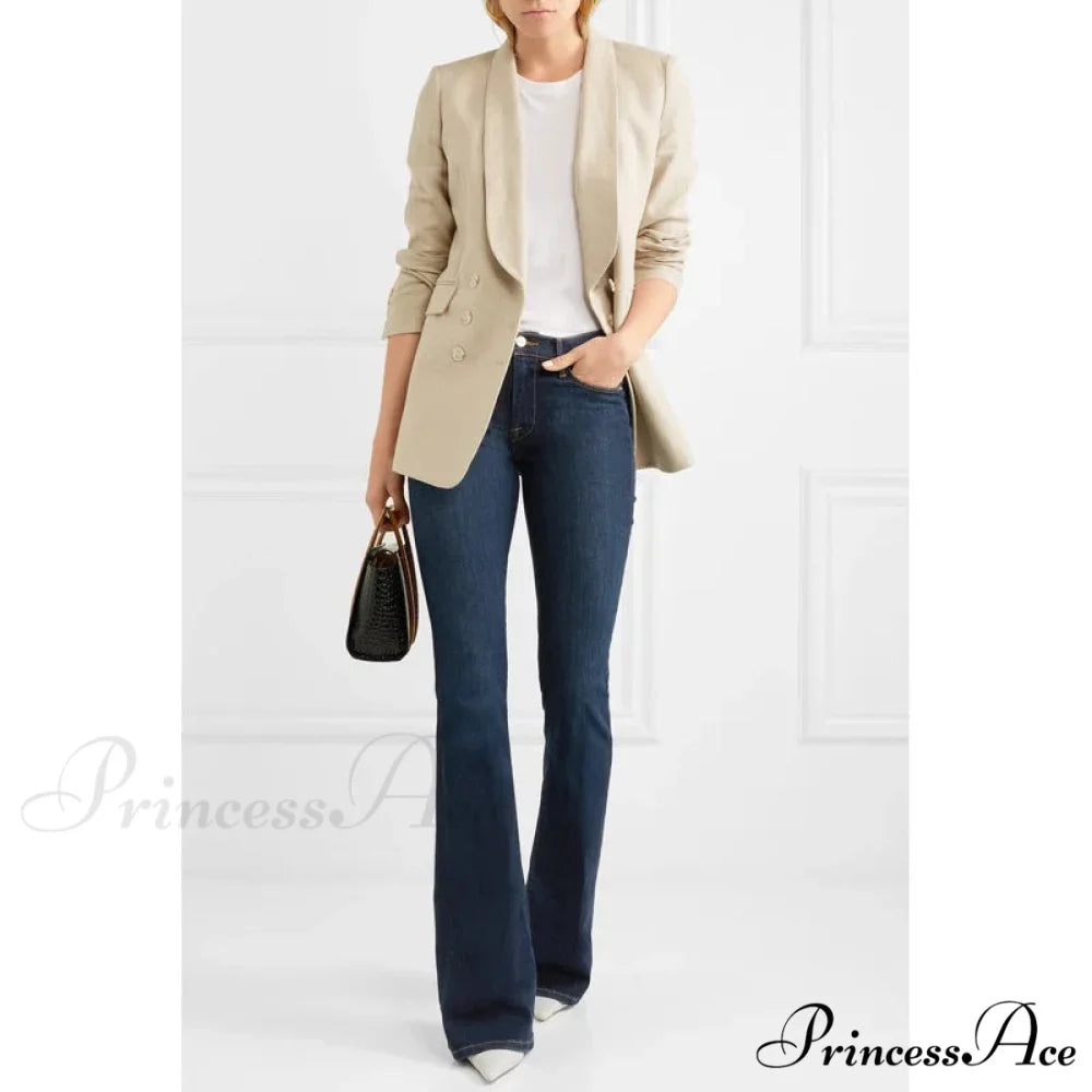 FD High Quality Stretch Slim Flare Women’s 2024 New Autumn and Winter High Waist Denim Jean Dark Blue / 25