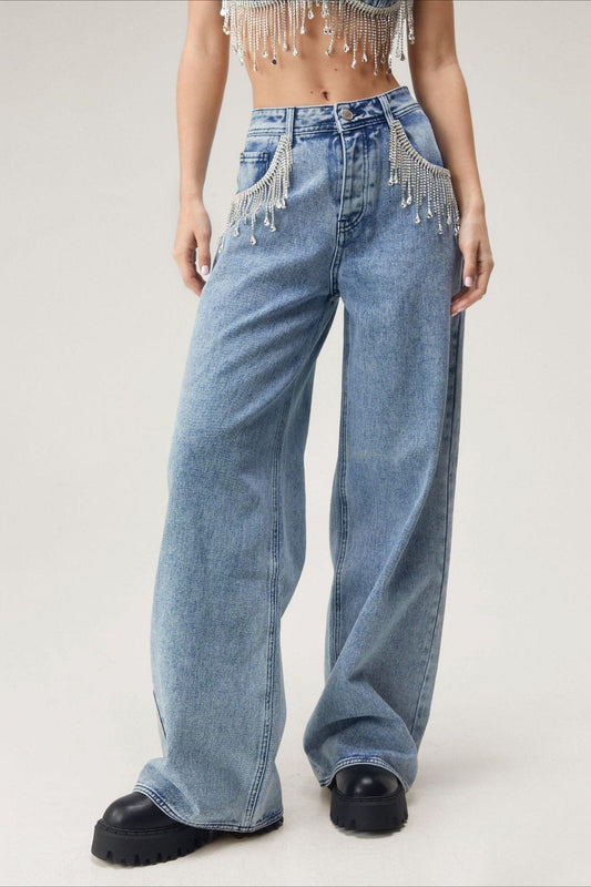 Fringe Chain Detail Denim Jean