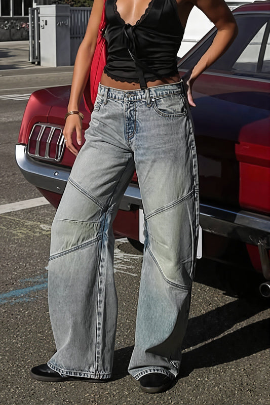Low Rise Vintage Washed Spliced Straight Jeans