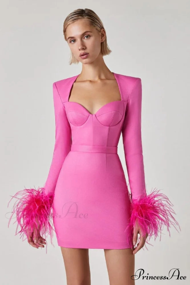 Feather Long Stylish Sleeve Bustier Dress S / Hot Pink