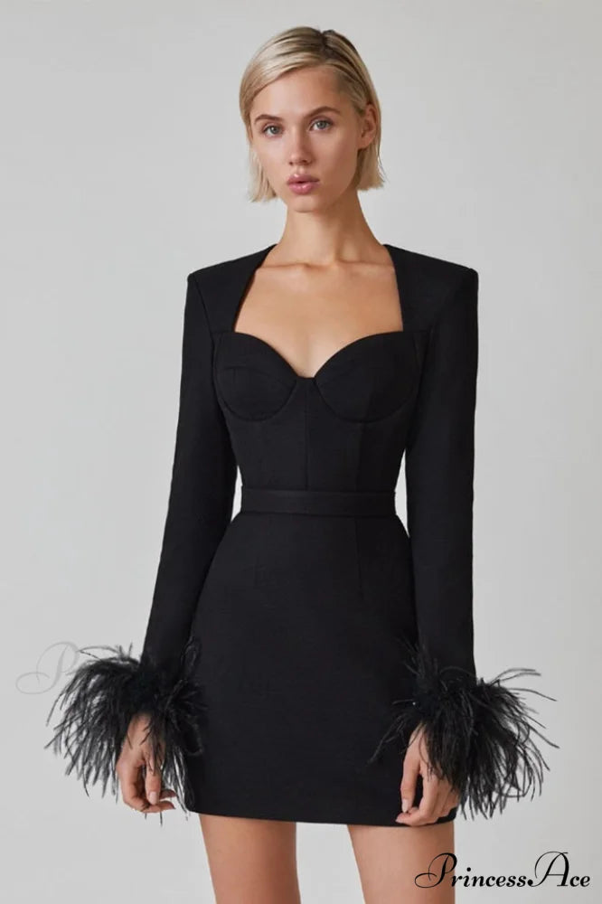 Feather Long Stylish Sleeve Bustier Dress XS / Black