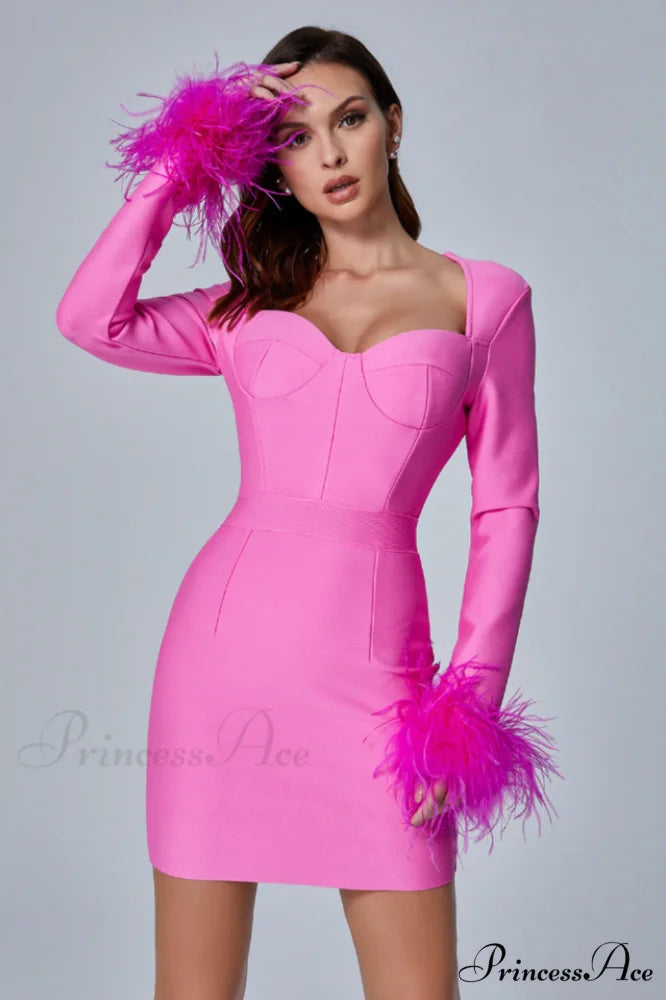 Feather Long Stylish Sleeve Bustier Dress XS / Hot Pink