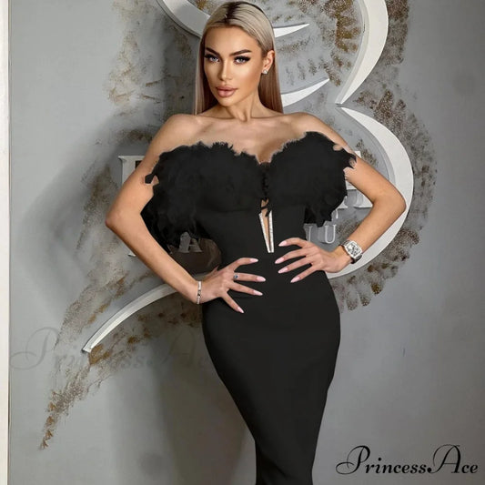 Feather Off-Shoulder Midi Party Dress Black / XS