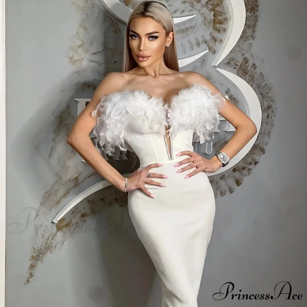 Feather Off-Shoulder Midi Party Dress WHITE / XS