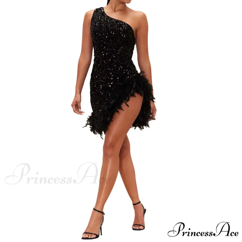 Feather Rhinestone Hollow Out Black Party Dress