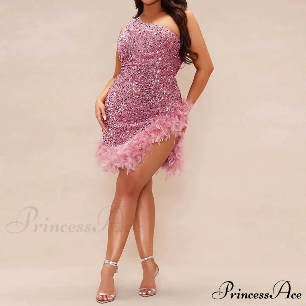 Feather Rhinestone Hollow Out Black Party Dress Pink / S