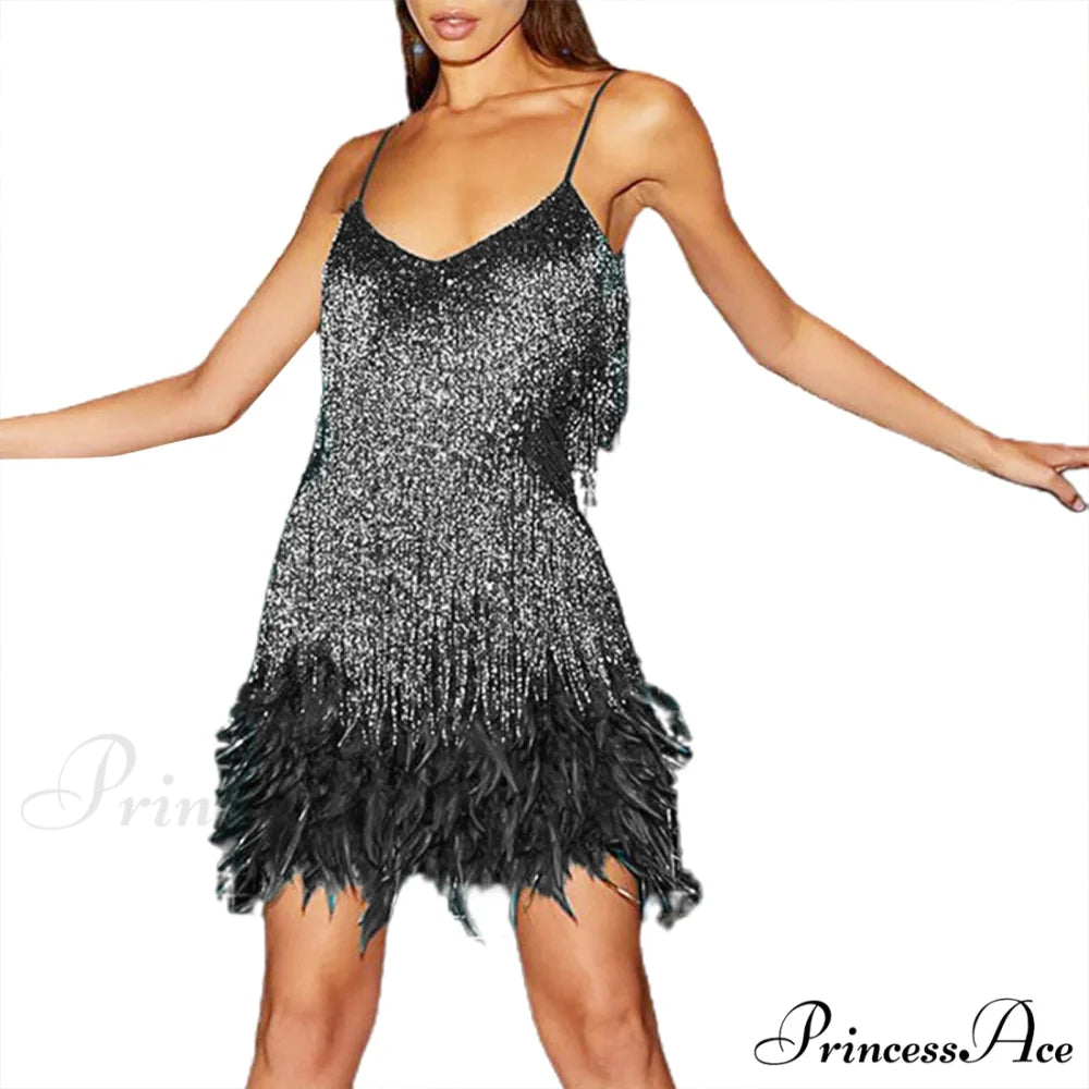 Feather Sequin Off-Shoulder Mini Party Dress Black / S