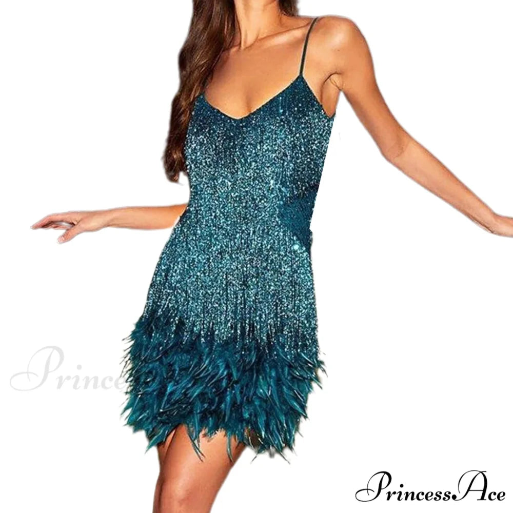 Feather Sequin Off-Shoulder Mini Party Dress Green / S