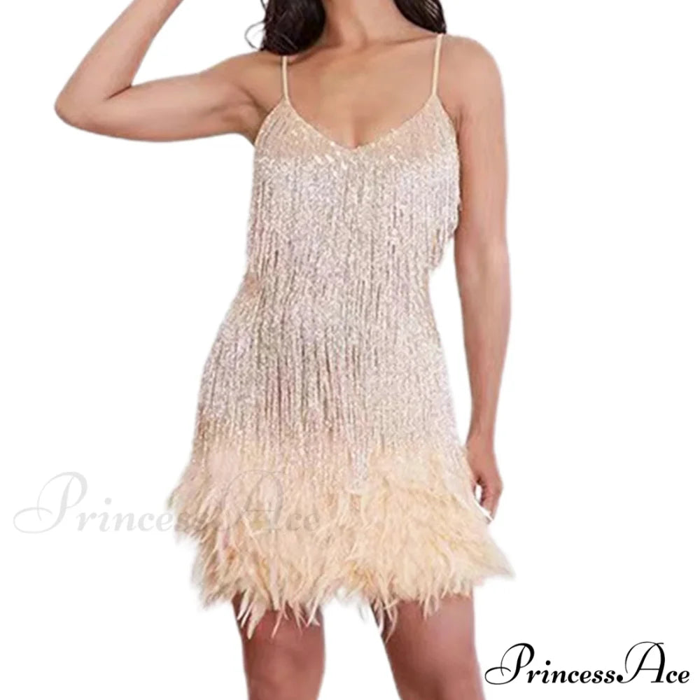 Feather Sequin Off-Shoulder Mini Party Dress Light Gold / S