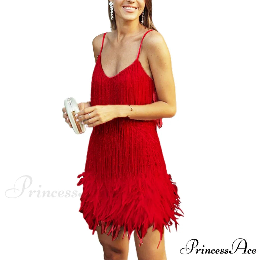 Feather Sequin Off-Shoulder Mini Party Dress Red / S